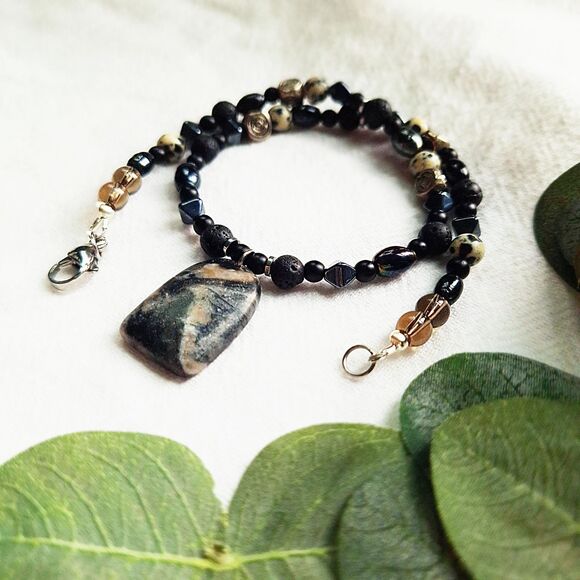 Beaded Jasper Pendant Necklace, Boho Grunge Necklace, Hippie Goth Choker - Picture 3 of 9